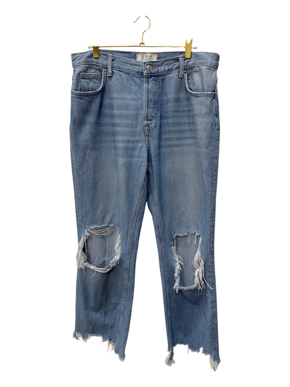 We The Free Free People Distressed Ripped Knee Straight Jeans Mid Wash 29